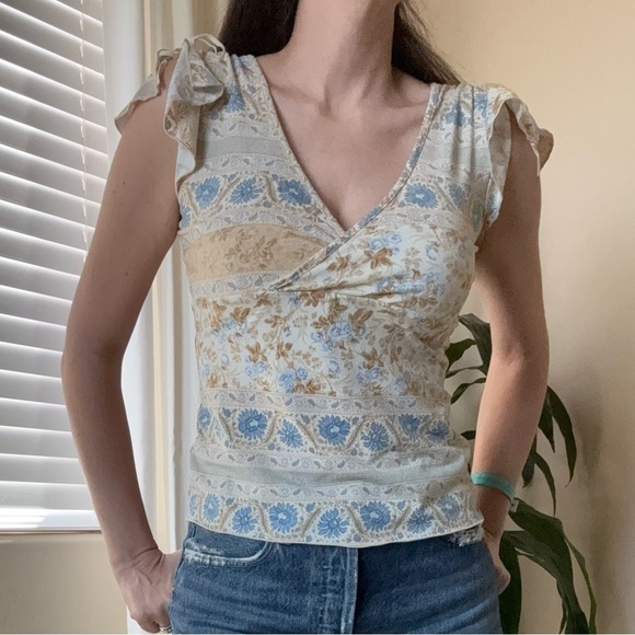 IRE Y2K Top Multicolor Neutral Floral Babydoll Wrap Top - Picture 2 of 8